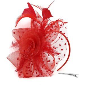 Elegant Red Flower Fascinator Hat – Feather Mesh Tea Party Headpiece for Women &